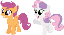 Size: 525x285 | Tagged: safe, artist:featherfury, scootaloo, sweetie belle, g4, alternate universe, base used, simple background, white background