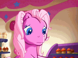 Size: 448x336 | Tagged: safe, screencap, pinkie pie (g3), sweetberry, earth pony, pony, a very pony place, g3, positively pink, animated, cupcake, cute, duo, eating, female, food, frown, g3 diapinkes, indoors, licking, mare, palindrome get, smiling, sweet shoppe, sweet sweetberry, talking, tongue out