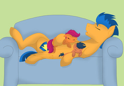 Size: 700x488 | Tagged: safe, artist:colourstrike, first base, flash sentry, scootaloo, pegasus, pony, g4, adorabase, colt, commission, couch, cuddle puddle, cuddling, cute, cutealoo, diasentres, female, filly, male, nap, siblings, sleeping, stallion, trio