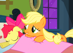 Size: 544x401 | Tagged: safe, screencap, apple bloom, applejack, pony, apple family reunion, g4, animated, bed, butt touch, female, filly, hoof on butt, mare, messy mane, pillow, scrunchy face, sleeping, snoring