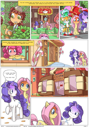 Size: 2480x3508 | Tagged: safe, artist:myfetishsituation, fluttershy, lyra heartstrings, pinkie pie, rarity, comic:fluttershy's big job, g4, comic, crossover, high res, male, miles "tails" prower, sonic the hedgehog, sonic the hedgehog (series), sugarcube corner