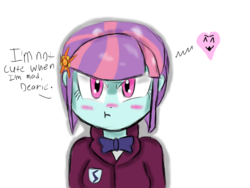 Size: 1024x768 | Tagged: safe, artist:mildockart, sunny flare, equestria girls, g4, my little pony equestria girls: friendship games, adoraflare, blatant lies, blushing, cute, dialogue, female, i'm not cute, looking at you, solo, tsundere, tsunflarere, tsunny flare