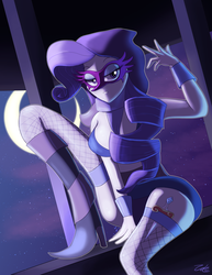 Size: 1275x1650 | Tagged: safe, artist:zelc-face, rarity, equestria girls, g4, female, fishnet stockings, knife, moon, night, rogue, solo