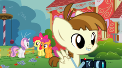 Size: 765x429 | Tagged: safe, screencap, apple bloom, featherweight, scootaloo, sweetie belle, g4, ponyville confidential, camera, cutie mark crusaders, ponyville schoolhouse