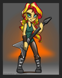 Size: 1448x1801 | Tagged: dead source, safe, artist:gabbslines, sunset shimmer, equestria girls, g4, boots, clothes, female, flying v, frown, guitar, heavy metal, musical instrument, solo, tank top