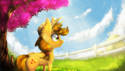 Size: 4000x2250 | Tagged: safe, artist:blackligerth, applejack, earth pony, pony, g4, female, fence, mare, solo, straw, tree