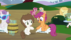 Size: 1280x720 | Tagged: safe, screencap, apple bloom, noi, peach fuzz, pipsqueak, ruby pinch, scootaloo, super funk, sweet tooth, sweetie belle, earth pony, pegasus, pony, unicorn, g4, twilight time, apple family member, background pony, colt, cutie mark crusaders, female, filly, male