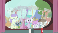 Size: 1280x720 | Tagged: safe, screencap, alula, aura (g4), gallop j. fry, pipsqueak, piña colada, pluto, ruby pinch, tangerine twist, earth pony, pegasus, pony, unicorn, g4, season 4, twilight time, background pony, camera, colt, female, filly, great moments in animation, male, smear frame