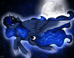 Size: 2000x1570 | Tagged: safe, artist:jess-choco88, princess luna, g4, eyes closed, female, flying, moon, night, solo