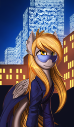 Size: 2769x4706 | Tagged: safe, artist:rublegun, derpy hooves, pegasus, pony, g4, city, clothes, coat, cyberpunk, female, folded wings, mare, solo, suit, sunglasses
