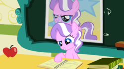 Size: 767x431 | Tagged: safe, screencap, diamond tiara, g4, ponyville confidential, apple, book, female, food, poster, solo