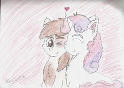 Size: 2202x1569 | Tagged: safe, artist:operativenumbuh227, pipsqueak, sweetie belle, g4, cute, female, fluffy, heart, male, ship:sweetiesqueak, shipping, smiling, straight, traditional art