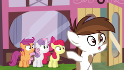 Size: 1280x720 | Tagged: safe, screencap, apple bloom, pipsqueak, scootaloo, sweetie belle, earth pony, pony, g4, twilight time, colt, cutie mark crusaders, male