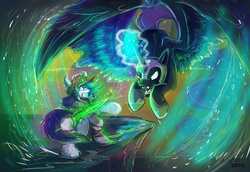 Size: 1024x704 | Tagged: safe, artist:mad munchkin, nightmare moon, oc, oc:mad munchkin, alicorn, earth pony, pony, g4, duo, female, magic, mare, open mouth, sword, watermark, weapon
