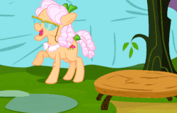 Size: 440x281 | Tagged: safe, screencap, apple rose, applejack, pony, apple family reunion, g4, animated, female, mouth hold
