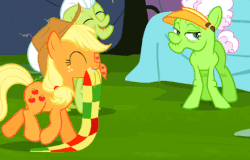 Size: 440x281 | Tagged: safe, screencap, applejack, auntie applesauce, granny smith, earth pony, pony, apple family reunion, g4, animated, female, mouth hold