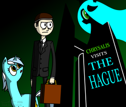Size: 1950x1664 | Tagged: safe, artist:derpanater, lyra heartstrings, queen chrysalis, human, fanfic:chrysalis visits the hague, g4, clothes, digital art, duo, fanfic art, suit, suitcase