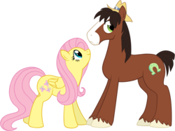 Size: 680x509 | Tagged: safe, artist:thecheri, fluttershy, trouble shoes, earth pony, pegasus, pony, g4, crack shipping, duo, female, male, shipping, simple background, stallion, straight, transparent background, troubleshy, unshorn fetlocks