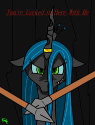 Size: 703x921 | Tagged: safe, artist:derpanater, queen chrysalis, g4, cover, digital art, fanfic art, fanfic cover, horn, horn ring, magic suppression, spear, weapon