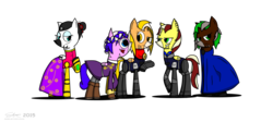 Size: 2592x1160 | Tagged: safe, artist:derpanater, oc, oc only, oc:harp melody, oc:rototom echo, oc:shamisen lesson, oc:sweet sax solo, oc:vibraphone echo, cyborg, cyborg pony, hybrid, pony, fallout equestria, fallout equestria: dance of the orthrus, armor, cloak, clothes, commission, digital art, dress, horn, mirage pony, pipbuck, small horn, small wings, stripes, two toned mane, two toned wings