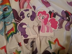 Size: 2592x1944 | Tagged: safe, pinkie pie, rainbow dash, rarity, twilight sparkle, alicorn, pony, g4, bedsheets, doll, female, irl, merchandise, photo, stars, toy, twilight sparkle (alicorn), wooden