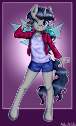 Size: 1500x2500 | Tagged: safe, artist:anibaruthecat, oc, oc only, changeling, changepony, hybrid, anthro, unguligrade anthro, clothes, explicit source, female, filly, jacket, shirt, shorts, solo, tongue out, wink