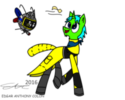 Size: 600x480 | Tagged: safe, artist:derpanater, oc, oc only, oc:bleepy, oc:live "derp" bait, pony, unicorn, blue eyes, clothes, cute, goatee, green coat, happy, monocle, radiation suit, running, scarf, spritebot