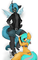 Size: 2227x3500 | Tagged: safe, artist:teranen, queen chrysalis, oc, oc:swargey, anthro, g4, abs, arm hooves, belly button, canon x oc, chest fluff, clothes, colored pupils, high res, king metamorphosis, male, open clothes, open shirt, rule 63, shipping, topless