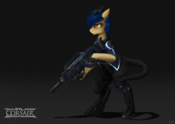 Size: 5002x3536 | Tagged: safe, artist:jasper77wang, oc, oc only, dracony, hybrid, pony, absurd resolution, armor, bipedal, cyberpunk, floppy ears, frown, glare, gun, horns, rifle, weapon