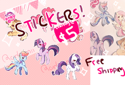 Size: 1024x697 | Tagged: safe, artist:rainbrew, applejack, fluttershy, pinkie pie, rainbow dash, rarity, twilight sparkle, g4, advertisement, mane six, sale, sticker