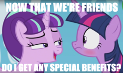 Size: 1322x792 | Tagged: safe, edit, starlight glimmer, twilight sparkle, alicorn, pony, g4, the cutie re-mark, bedroom eyes, blushing, dialogue, female, friends with benefits, implied lesbian, lesbian, mare, meme, ship:twistarlight, shipping, starlight's secret, text, text edit, twilight sparkle (alicorn)