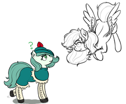 Size: 1000x826 | Tagged: safe, alternate version, artist:hipsanon, oc, oc only, oc:emerald jewel, earth pony, ghost, pegasus, pony, colt quest, albino, boots, child, clothes, color, colt, concerned, confused, cute, duality, feather, femboy, foal, happy, hat, leggings, male, meeting yourself, question mark, smiling, symbolism, wings