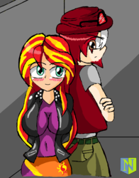 Size: 1024x1303 | Tagged: safe, artist:neutralchilean, sunset shimmer, oc, oc:hyper active, equestria girls, g4, big breasts, blushing, breasts, busty sunset shimmer, canon x oc, duo, female, humanized, male, shipping, straight