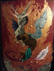 Size: 720x960 | Tagged: safe, discord, g4, irl, larp, painting, photo, shield, traditional art