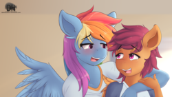 Size: 2240x1267 | Tagged: dead source, safe, artist:sugarlesspaints, rainbow dash, scootaloo, anthro, g4, bedroom eyes, duo, duo female, eye contact, female, nail polish, open mouth