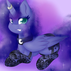 Size: 1280x1280 | Tagged: source needed, safe, artist:girorogirl, princess luna, g4, clothes, collar, female, horn, horn ring, solo, stockings