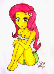 Size: 585x794 | Tagged: safe, artist:suicidemachine363, fluttershy, equestria girls, g4, barefoot, cleavage, clothes, feet, female, looking at you, tank top, traditional art