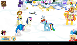 Size: 1024x600 | Tagged: safe, gameloft, screencap, bon bon, carrot cake, dj pon-3, flam, rainbow dash, rarity, sweetie drops, vinyl scratch, g4, faic, snow