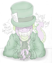 Size: 1661x2021 | Tagged: safe, artist:blackbewhite2k7, spike, g4, arkham knight, batman, crossover, hat, jervis tetch, mad hatter, male, parody, season of infamy, sketch, solo, teeth, top hat, wip