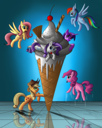 Size: 2000x2500 | Tagged: safe, artist:duskie-06, applejack, fluttershy, pinkie pie, rainbow dash, rarity, twilight sparkle, alicorn, pony, g4, cherry, eating, flying, food, high res, ice cream, jumping, licking, mane six, ponies in food, reflection, tongue out, twilight sparkle (alicorn)