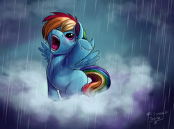 Size: 5204x3853 | Tagged: safe, artist:zilvart, rainbow dash, pegasus, pony, g4, armpits, blank flank, cloud, female, filly, filly rainbow dash, open mouth, rain, screaming, solo, stuck