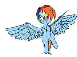 Size: 2160x1596 | Tagged: safe, artist:neuro, rainbow dash, g4, female, flying, frown, glare, hoof hold, simple background, solo, spread wings, sword, weapon, white background