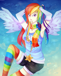 Size: 2000x2500 | Tagged: safe, artist:twigileia, rainbow dash, human, g4, armpits, clothes, female, humanized, rainbow socks, scarf, socks, solo, striped socks