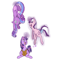 Size: 1000x1000 | Tagged: safe, artist:wolfytails, twilight, twilight sparkle, twilight twinkle, earth pony, pony, unicorn, g1, g3, g4, book, bow, g1 to g4, g3 to g4, generation leap, generational ponidox, levitation, magic, simple background, square crossover, tail, tail bow, telekinesis, transparent background, trio, unicorn twilight, upside down