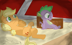 Size: 2500x1562 | Tagged: safe, artist:asluc96, applejack, spike, dragon, earth pony, pony, g4, applejack's barn, duo, fanfic art, female, hay, lying down, male, on back, ship:applespike, shipping, straight