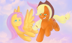 Size: 1000x600 | Tagged: safe, artist:katsaurs, applejack, fluttershy, g4, cloud, female, how, lesbian, ship:appleshy, shipping, sky