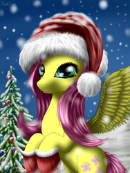 Size: 1536x2048 | Tagged: safe, artist:pony-stark, fluttershy, g4, christmas tree, female, hat, looking at you, santa hat, snow, snowfall, solo, tree, winter