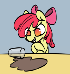 Size: 704x743 | Tagged: safe, artist:thebirdiebin, apple bloom, earth pony, pony, g4, chocolate, chocolate milk, cute, devious, everything is ruined, evil smile, female, filly, foal, food, meme, milk, pure unfiltered evil, solo, spilled milk, why