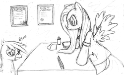 Size: 935x566 | Tagged: safe, artist:tg-0, fluttershy, gilda, griffon, g4, diploma, doctor, monochrome, russian