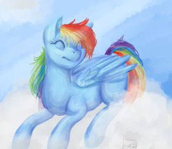 Size: 1246x1080 | Tagged: safe, artist:lisa400, rainbow dash, g4, cloud, eyes closed, female, missing cutie mark, painting, prone, sky, smiling, solo